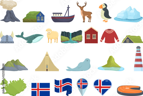 Iceland icons set cartoon vector. North island. Polar tourist