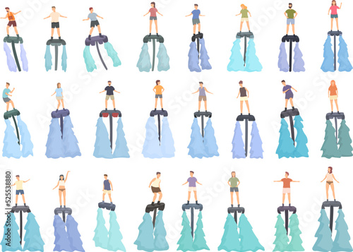 Flyboard icons set cartoon vector. Adventure activity. Board deep