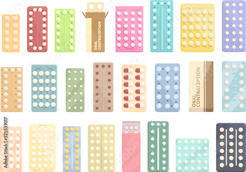 Female oral contraception icons set cartoon vector. Birth control. Oral pill photo