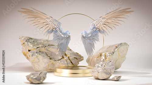 luxury elegant gold abstract background stage scene with marble rocks and wings with golden ring in a smooth backdrop studio - 3d render of podium or dais for product presentation