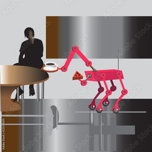 the servant robot is serving a cup of coffee to its master

