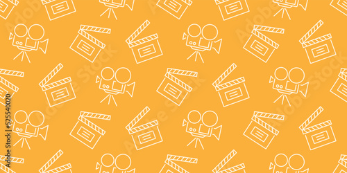 Cinema backdrop. Movie clapper and camera seamless pattern background design