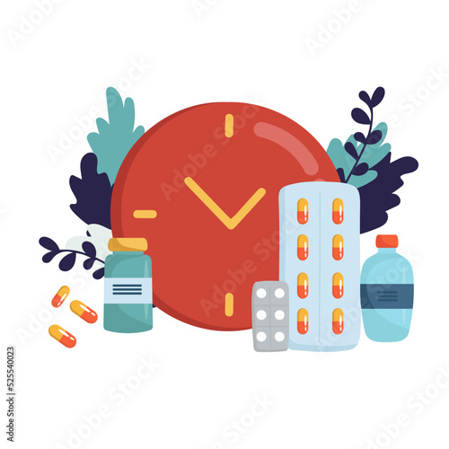 Time for your medicine, Medicine time concept. Medicine bottle, capsules, pills with clock on background in flat design. Medication time.