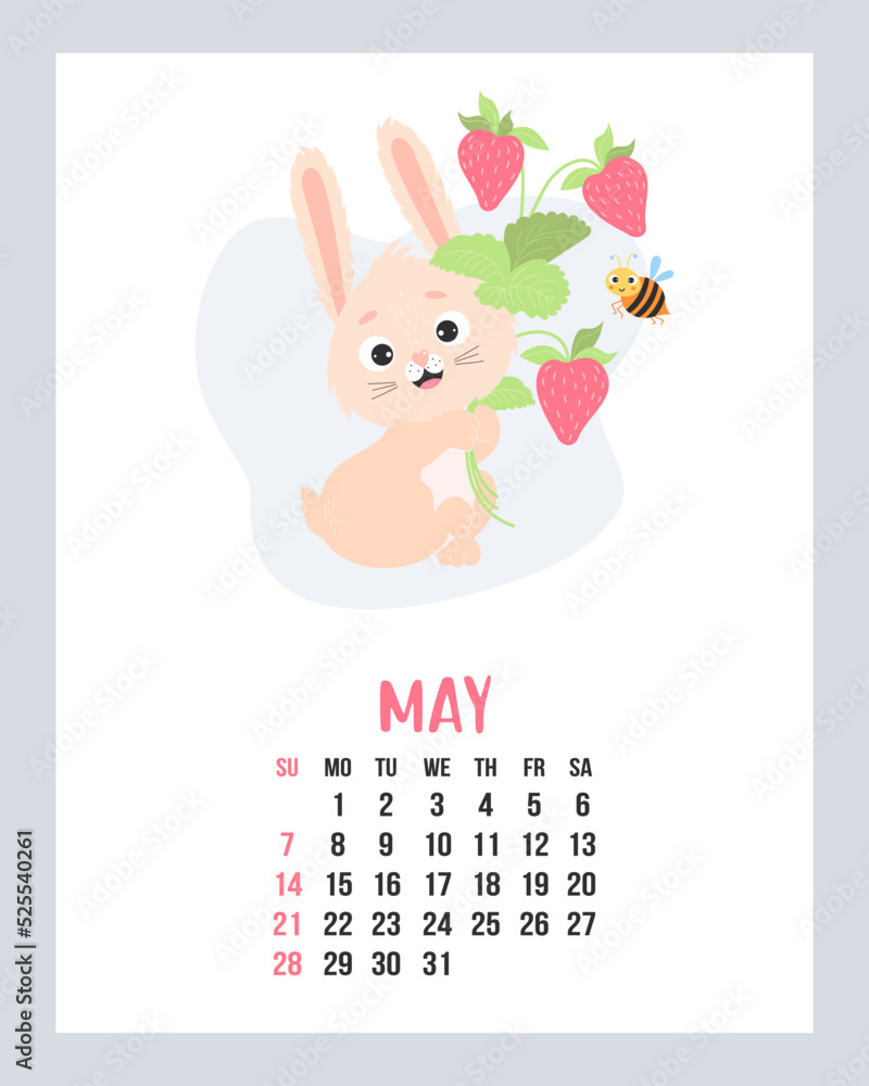 Obraz premium May 2023 calendar. Cute bunny with bouquet of strawberries and funny bee. Vector illustration. Vertical Template. Week from sunday In English. 2023 year rabbit to Chinese zodiac.