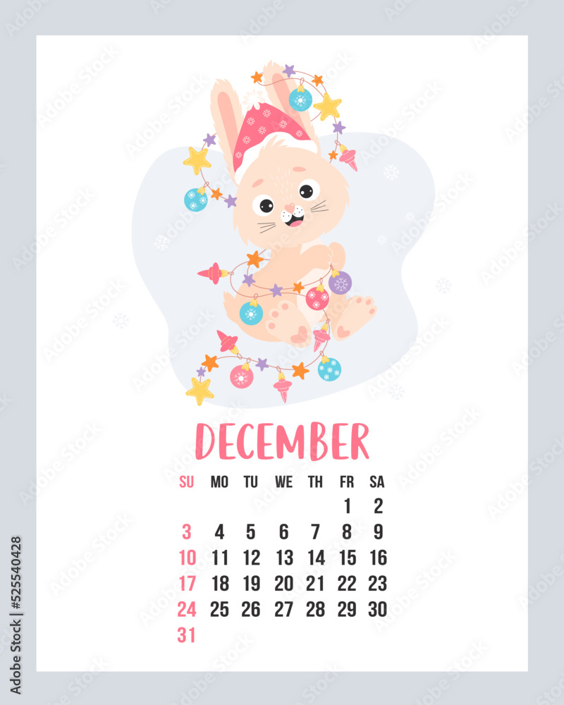Obraz premium December 2023 calendar. Cute bunny in santa hat with garland and christmas balls. Vector illustration. Vertical Template. Week from sunday In English. rabbit is symbol 2023 year.