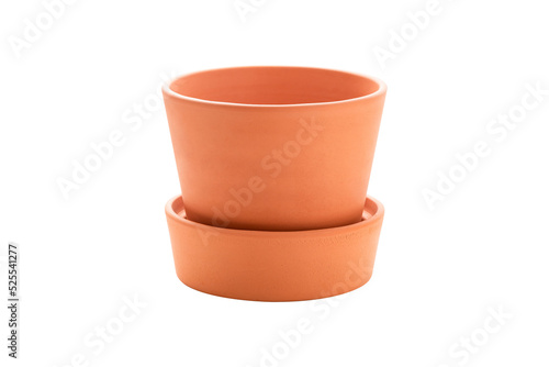 Terracotta plants pot isolated on white background. Minimalist plants pot. Ceramic. Simplicity object. Scandinavian design. Home decoration. Earthenwear. Clay. Gardening tool. photo