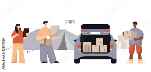 Set of humanitarian aid material assistance governmental help. Drones, car, truk, body armor, volunteers, army donation. Save Ukraine. Vector isolated on background in flat style