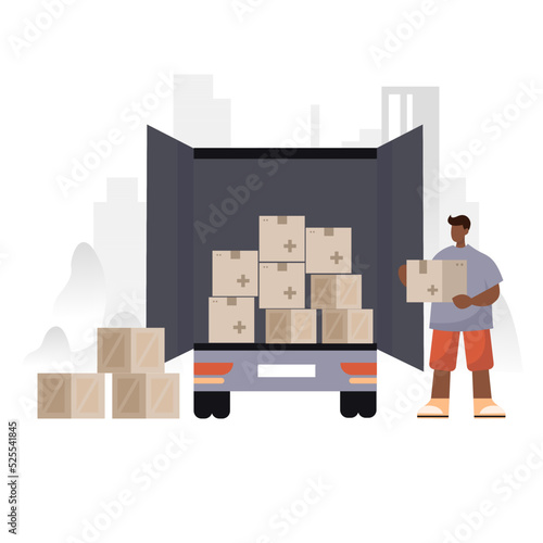 Set of humanitarian aid material assistance governmental help. Drones, car, truk, body armor, volunteers, army donation. Save Ukraine. Vector isolated on background in flat style