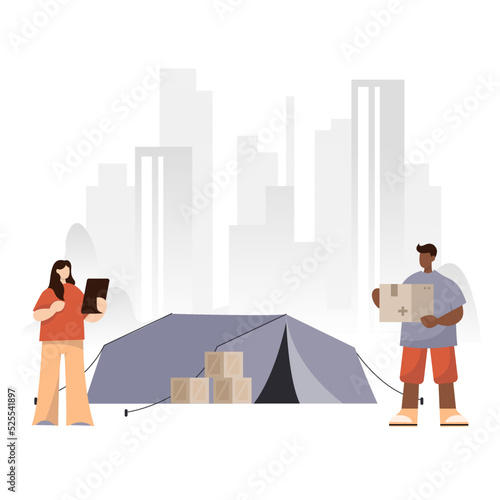 Set of humanitarian aid material assistance governmental help. Drones, car, truk, body armor, volunteers, army donation. Save Ukraine. Vector isolated on background in flat style