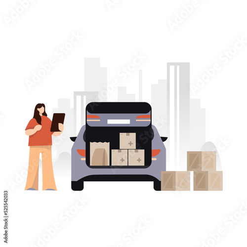 Set of humanitarian aid material assistance governmental help. Drones, car, truk, body armor, volunteers, army donation. Save Ukraine. Vector isolated on background in flat style