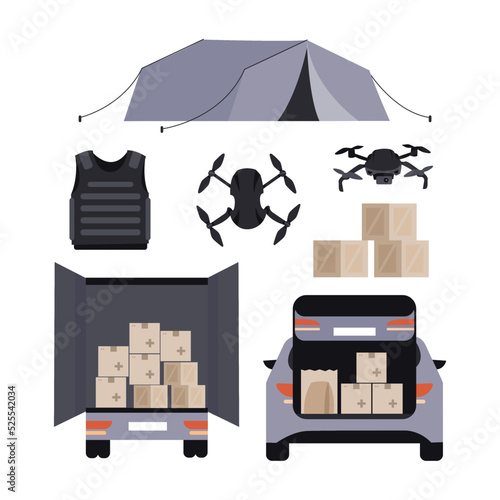 Set of humanitarian aid material assistance governmental help. Drones, body armor, army donation. Save Ukraine. Vector isolated on background in flat style