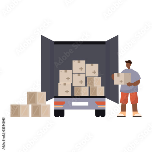 Set of humanitarian aid material assistance governmental help. Drones, car, truk, body armor, volunteers, army donation. Save Ukraine. Vector isolated on background in flat style