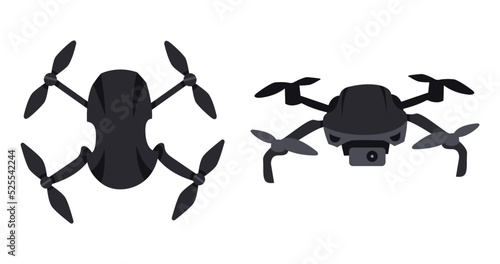 Drones, flying quadcopter with remote controllers. Unmanned aerial drones vector illustration set. Electronic quadcopters. Robot helicopter concept in flat style. Army Ukraine donation