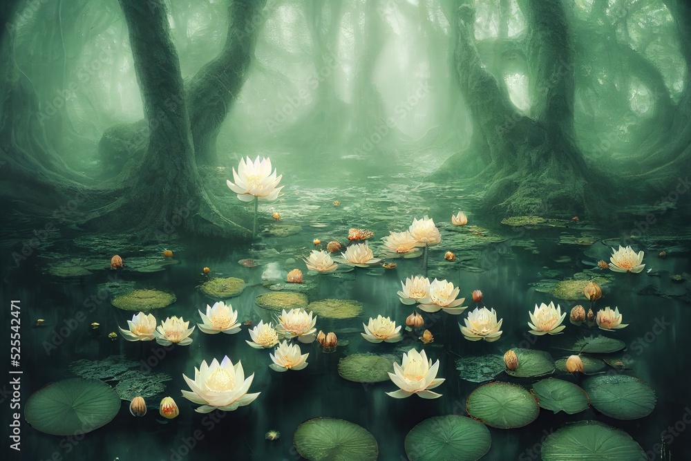 White water lily flowers in ancient sacred magical swamp forest grove