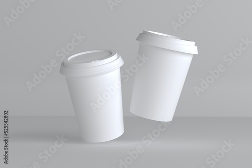 Flying paper coffee cup mockup with lid 3D render with space for design