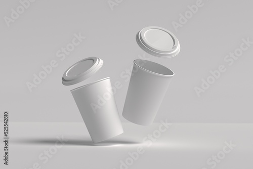 Flying paper coffee cup mockup with lid 3D render with space for design photo