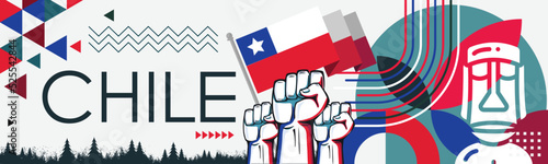 Chile National day banner with abstract shapes. Chile flag. Red blue triangles with raised hands or fists. Moai landmarks. Vector Illustration.
