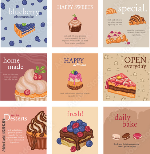 set postcards sweet pastries, bakery banners, confectionery cards