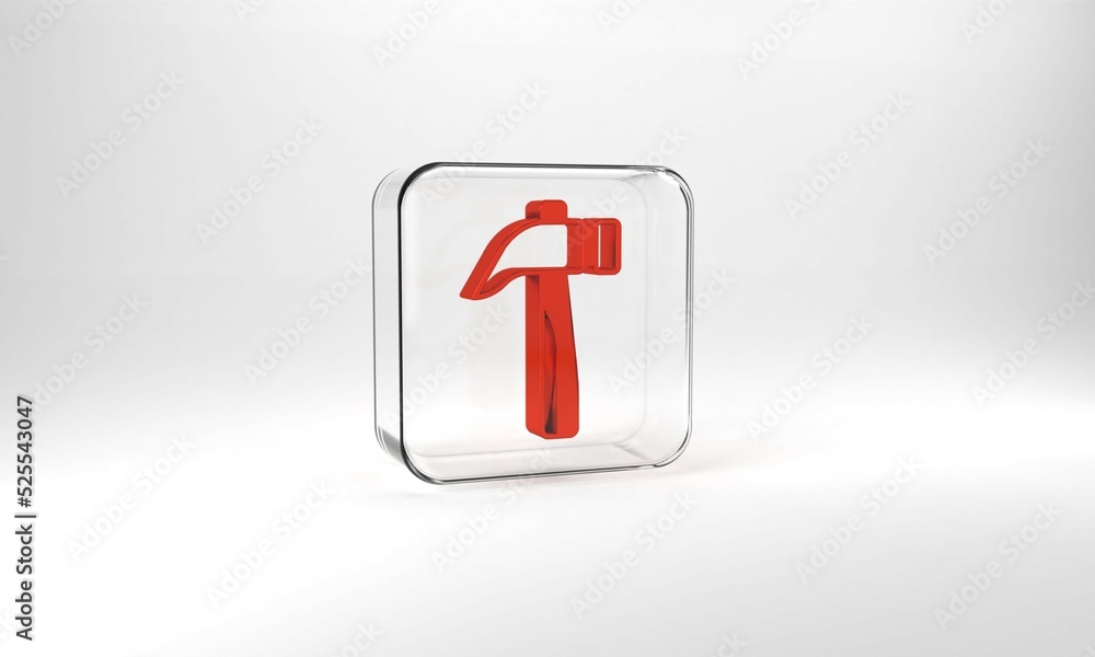 Red Hammer icon isolated on grey background. Tool for repair. Glass square button. 3d illustration 3D render Red Hammer icon isolated on grey background. Tool for repair. Glass square button. 3d illustration 3D render