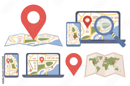 Maps with pin pointer icon set. GPS navigation online, location symbol. Vector flat illustration 