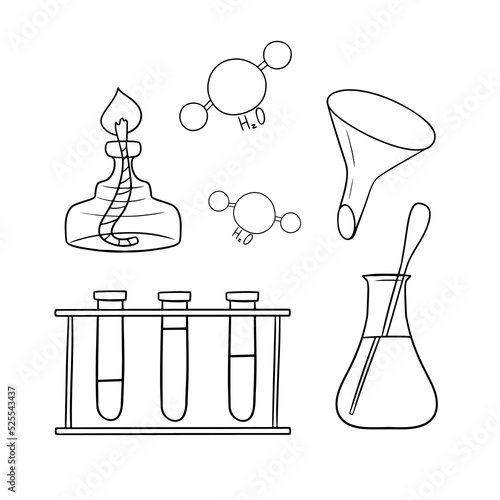 Monochrome Collection of heating and chemical devices for school experiments, vector cartoon