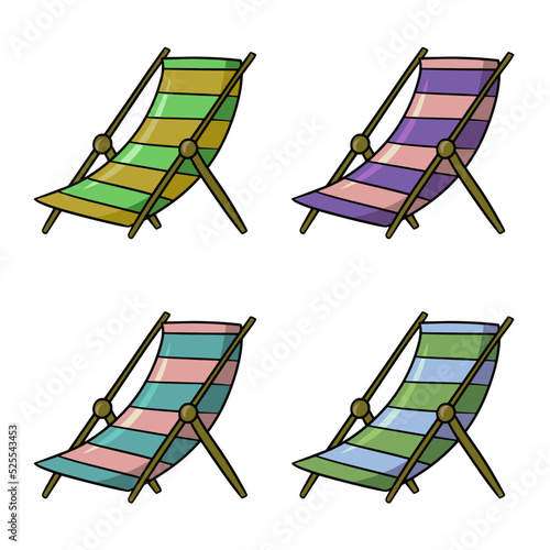 A set of colored icons, a multi-colored striped beach chair, a comfortable chaise longue vector cartoon
