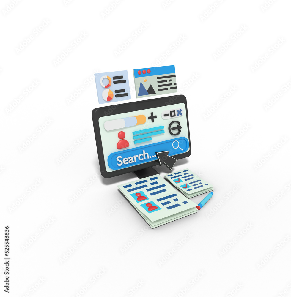 3d illustration of searching profile on social media 3d illustration of searching profile on social media