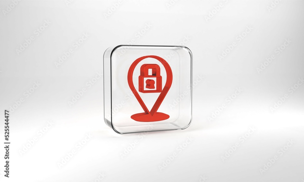 Red Lock icon isolated on grey background. Padlock sign. Security, safety, protection, privacy concept. Glass square button. 3d illustration 3D render Red Lock icon isolated on grey background. Padlock sign. Security, safety, protection, privacy concept. Glass square button. 3d illustration 3D render