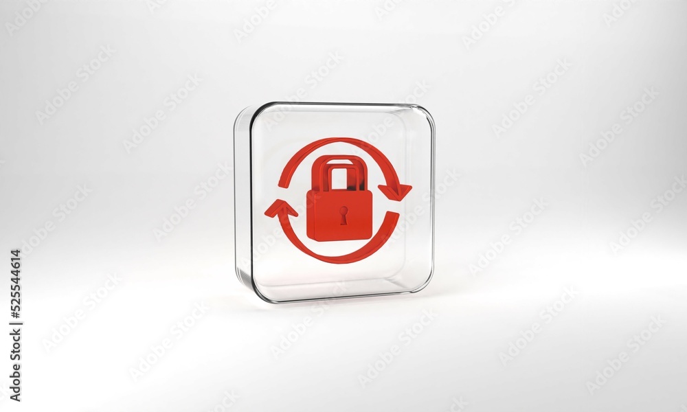 Red Lock icon isolated on grey background. Padlock sign. Security, safety, protection, privacy concept. Glass square button. 3d illustration 3D render Red Lock icon isolated on grey background. Padlock sign. Security, safety, protection, privacy concept. Glass square button. 3d illustration 3D render