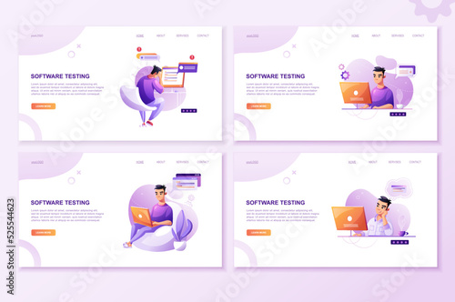 Programming concept set, web coder at work, vector images. Developer programming web site landing page template.