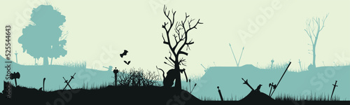 Silhouette of the historic battlefield at night. Military silhouettes of the battle scene after the battle. Weapons scattered across the field. Vector illustration.