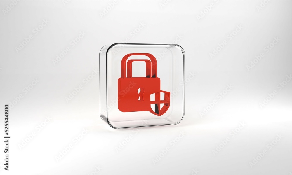 Red Shield security with lock icon isolated on grey background. Protection, safety, password security. Firewall access privacy sign. Glass square button. 3d illustration 3D render Red Shield security with lock icon isolated on grey background. Protection, safety, password security. Firewall access privacy sign. Glass square button. 3d illustration 3D render