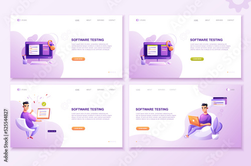 Programming concept set, web coder at work, vector images. Developer programming web site landing page template.