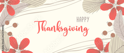 Happy Thanksgiving. Greeting card banner with doodle flowers and twigs.