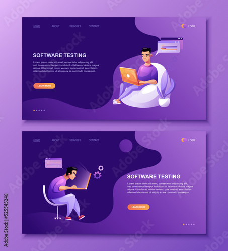 Programming concept set, web coder at work, vector images. Developer programming web site landing page template.