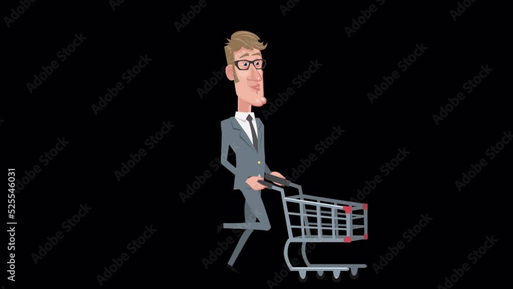 Cartoon elegant businessman character running and pushing empty shopping cart animation with alpha channel Cartoon elegant businessman character running and pushing empty shopping cart animation with alpha channel