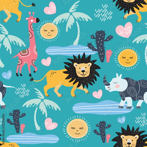 Seamless pattern with cute cartoon animals. Lion, rhinoceros, giraffe, palm trees, cacti.