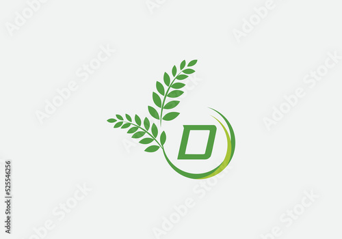 Green leaf and laurel wreath logo design vector with the letter and alphabet O