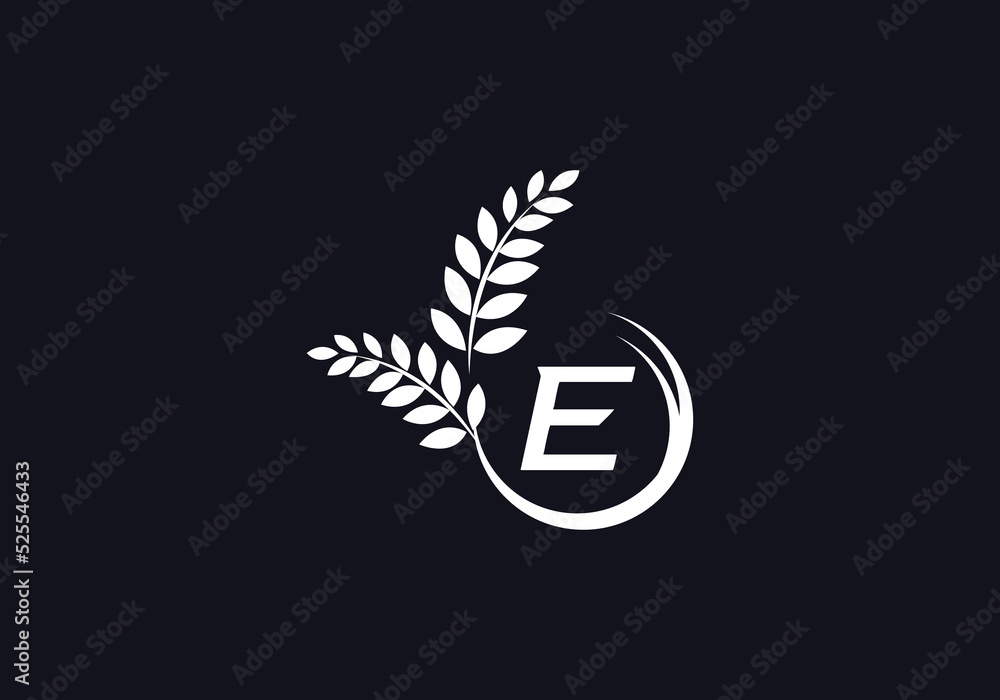 Green leaf and laurel wreath logo design vector with the letter and alphabet E Green leaf and laurel wreath logo design vector with the letter and alphabet E