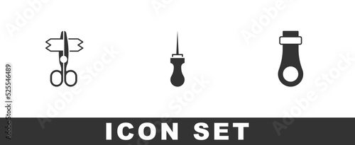 Set Scissors, Awl tool and Zipper icon. Vector