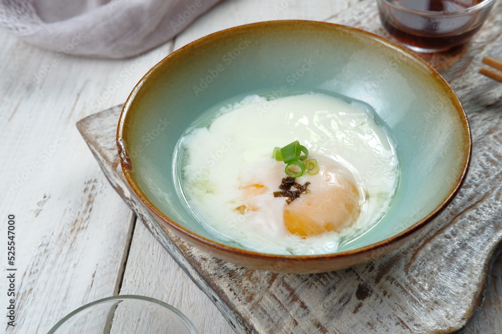 Japanese onsen egg or Soft boiled egg on the table Japanese onsen egg or Soft boiled egg on the table