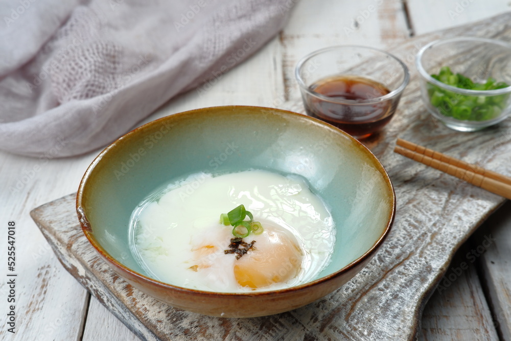 Japanese onsen egg or Soft boiled egg on the table Japanese onsen egg or Soft boiled egg on the table