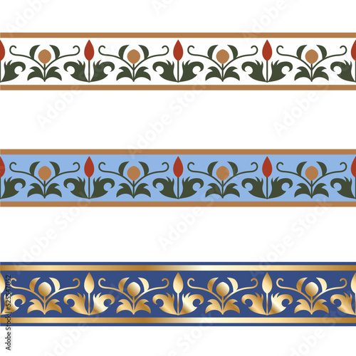 Set of flower ornaments. Decorative ribbon in vintage style. Colorful illustration