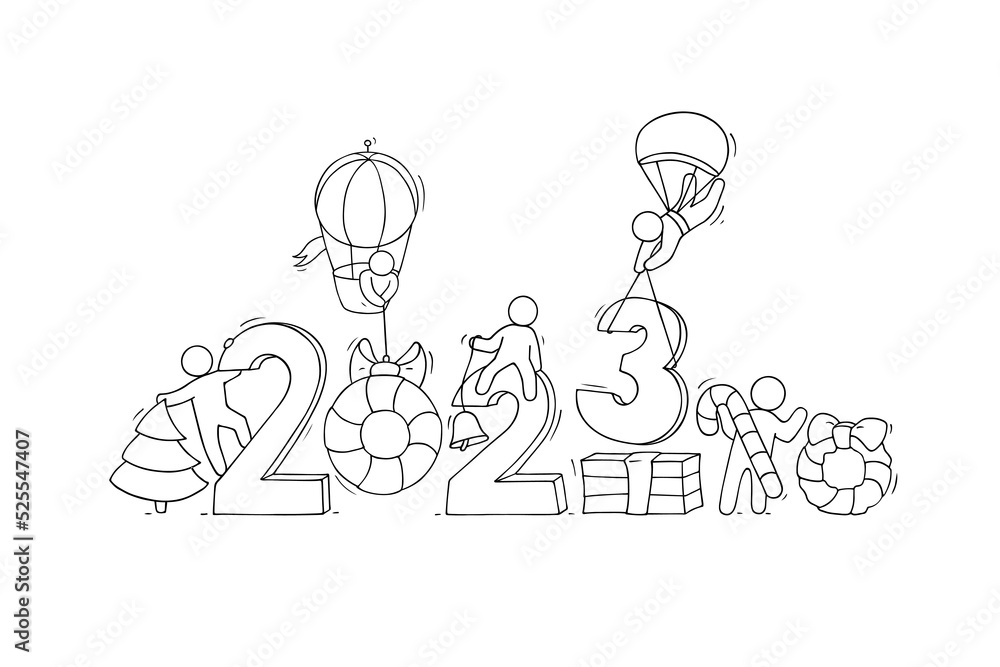 Happy New year 2023 banner with doodle people. Vector sketch illustration of cute little men packing gift boxes, collect numbers of year and fly on hot air balloon with hanging Christmas ball Happy New year 2023 banner with doodle people. Vector sketch illustration of cute little men packing gift boxes, collect numbers of year and fly on hot air balloon with hanging Christmas ball