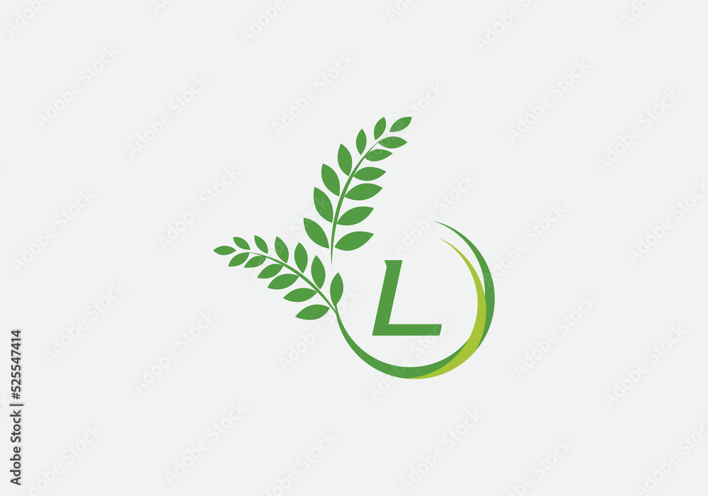 Green leaf and laurel wreath logo design vector with the letter and alphabet L Green leaf and laurel wreath logo design vector with the letter and alphabet L