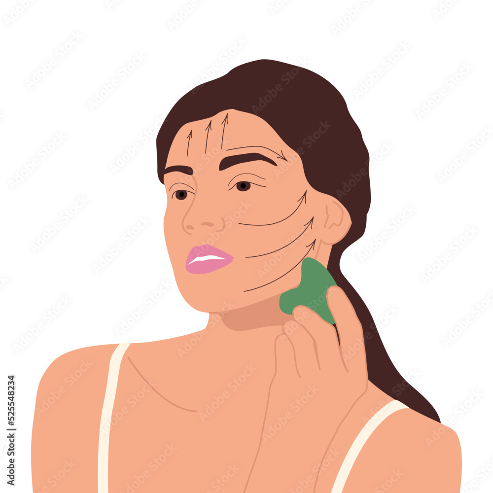 Woman using gua sha, massaging face skin with on her face. Self quartz massager treatment. Vector illustration Woman using gua sha, massaging face skin with on her face. Self quartz massager treatment. Vector illustration