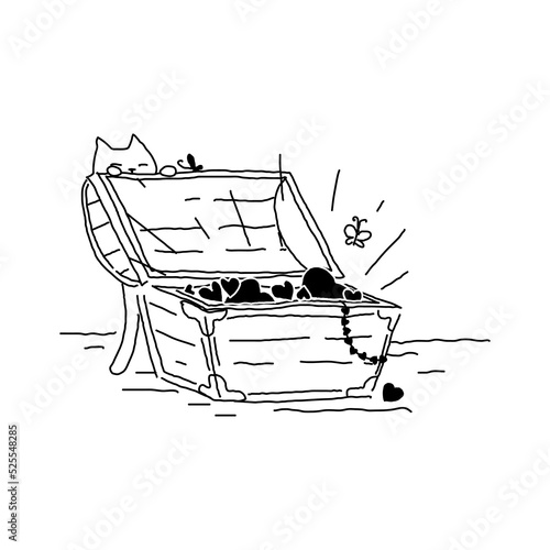 Doodle hand drawn treasure chest, full of love. Sketch collection.