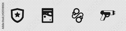 Set Police badge, Plastic bag of drug, Handcuffs and electric shocker icon. Vector
