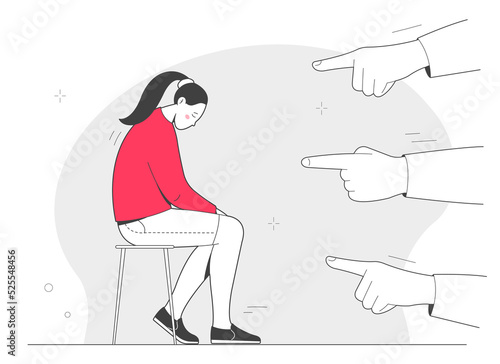 Sad young woman being judged by different people pointing fingers at her. Shame, stress and anxiety, victim-blaming.