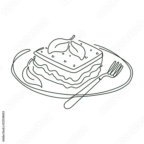 Lasagna on a plate with fork and spinach leaf, vector isolated line art illustration of italian food.